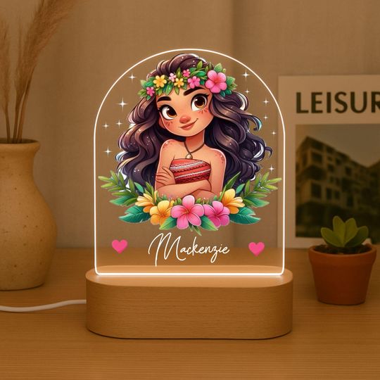 Personalized Moana Night Light: Engraved Wooden Nursery Lamp
