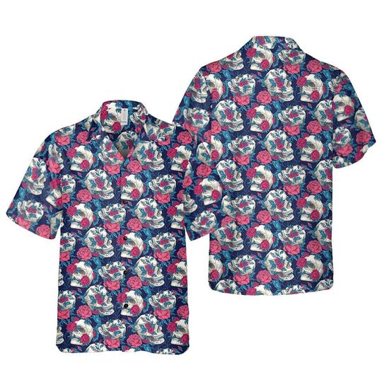 Hawaiian Skull and Rose Floral Button-Up Shirt