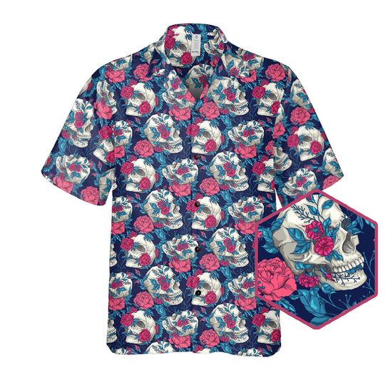 Hawaiian Skull and Rose Floral Button-Up Shirt