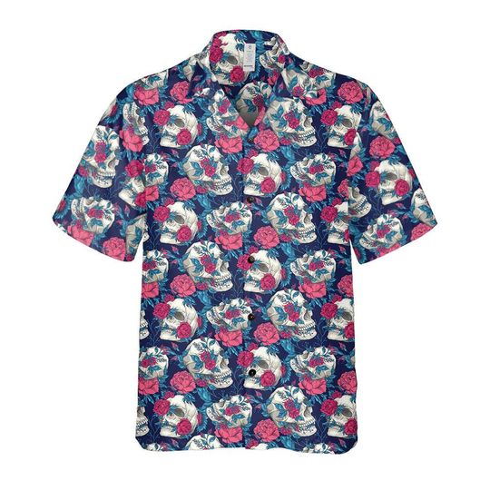 Hawaiian Skull and Rose Floral Button-Up Shirt