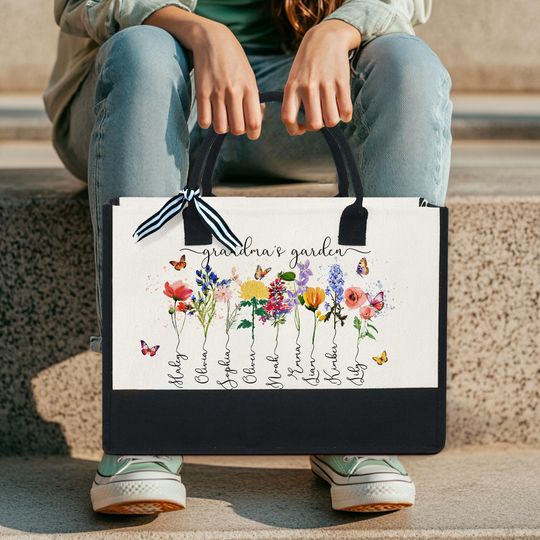 Personalized Mother's Day Gift For Grandma, Custom  Birth Month Flower Tote Bag, Custom Grandma Garden With Kids Name Canvas Makeup Bag Gift