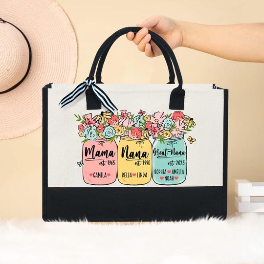 Personalized Mothers Day Gift For Nana, Custom Nana With Kids Name Canvas Tote Bag, Gift For Grandma, Custom Floral Great Nana Tote Bag Gift