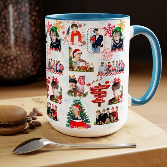 BTS OT7 Christmas Mug, K-pop Holiday Coffee Cup, Ceramics, Includes Namjoon, Yoongi, Hobi
