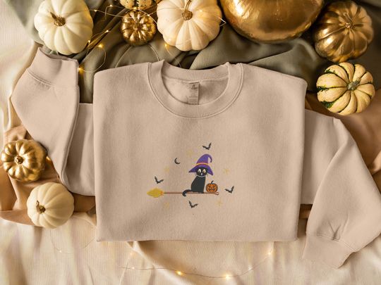 Embroidered Cat Witch Sweatshirt, Halloween Black Cat Sweatshirt, Vintage Fall Pumpkin