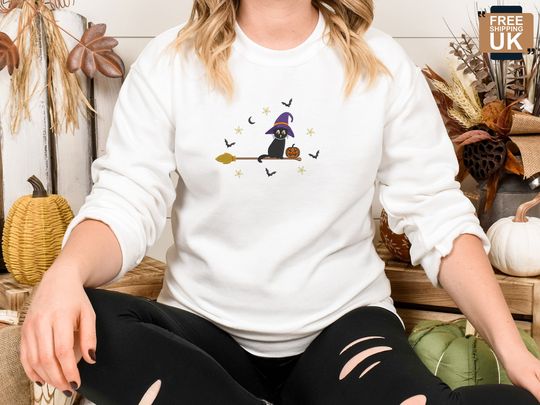 Embroidered Cat Witch Sweatshirt, Halloween Black Cat Sweatshirt, Vintage Fall Pumpkin