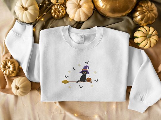 Embroidered Cat Witch Sweatshirt, Halloween Black Cat Sweatshirt, Vintage Fall Pumpkin
