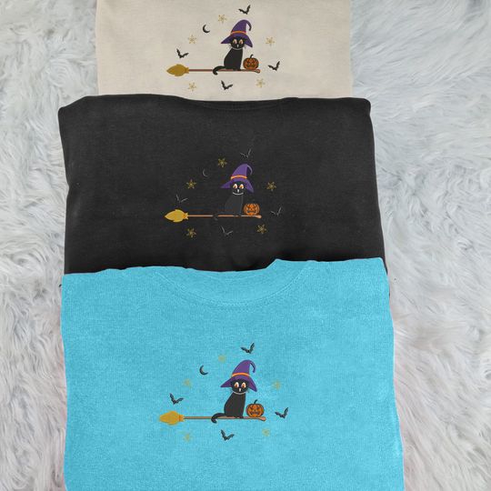Embroidered Cat Witch Sweatshirt, Halloween Black Cat Sweatshirt, Vintage Fall Pumpkin