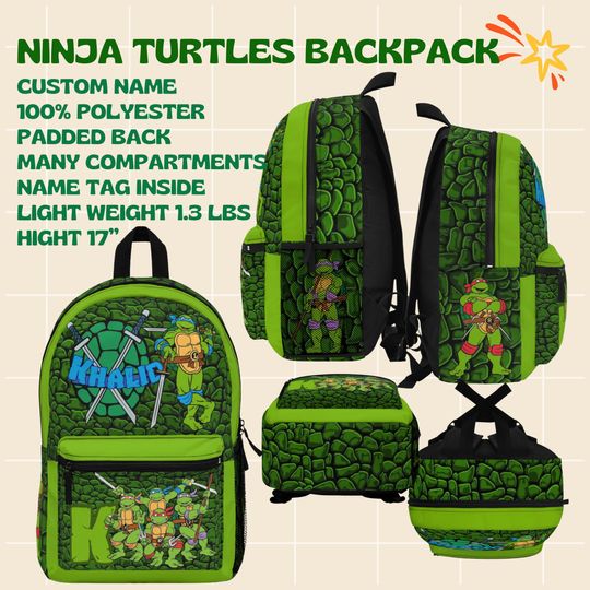 Ninja Turtles Custom Personalized Backpack, lunch bag, Waterbottle Kids Travel Backpack, Name Backpack, Gift for Students, Back to School