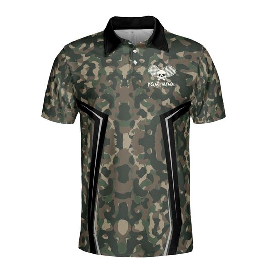 Personalized Name Camo Pattern Skull Plays Pickleball Men's Polo Shirt