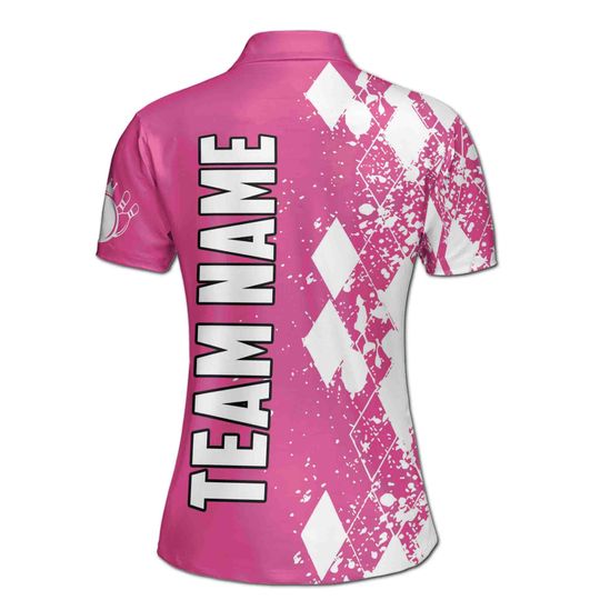 Customized Pink Bowling White Argyle Pattern Women's Polo Shirt