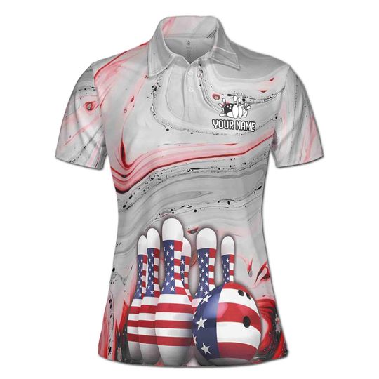 Personalized Gray Marbling America Bowling Lover Women's Polo Shirt