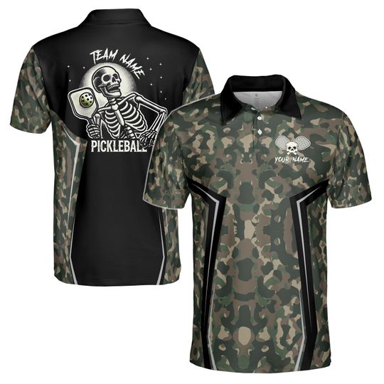 Personalized Name Camo Pattern Skull Plays Pickleball Men's Polo Shirt