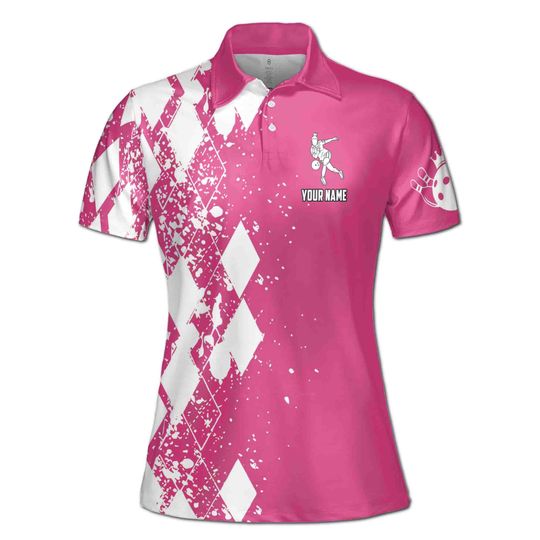 Customized Pink Bowling White Argyle Pattern Women's Polo Shirt