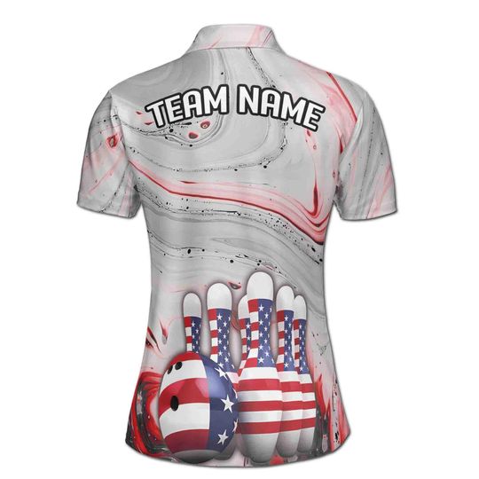 Personalized Gray Marbling America Bowling Lover Women's Polo Shirt
