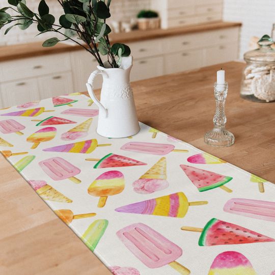 Watercolor Ice Cream Table Runner, Summer Table Decor, Cute Seasonal Table Runner