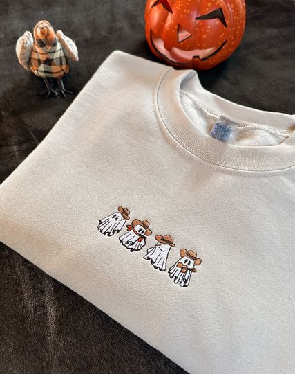 Subtle Halloween Embroidered Crewneck Halloween Sweatshirt Cowboy Ghost Sweatshirt