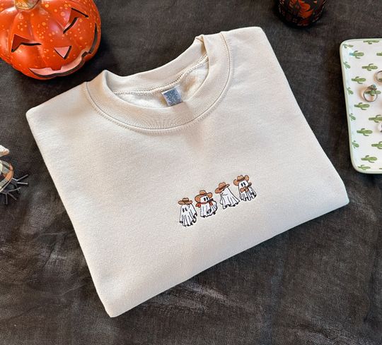 Subtle Halloween Embroidered Crewneck Halloween Sweatshirt Cowboy Ghost Sweatshirt
