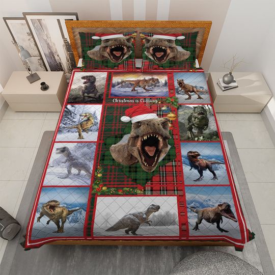 Vintage Dinosaur Christmas Quilt Bedding Set