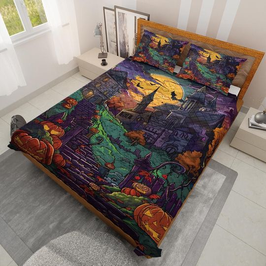 Vintage Halloween Town Quilt Bedding Set: Retro Pumpkin Blanket