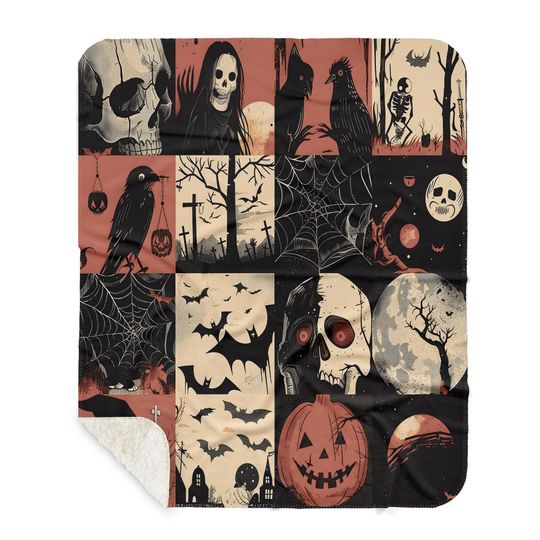 Vintage Halloween Woven Throw Blanket: Spooky Ghost, Bat & Raven Tapestry