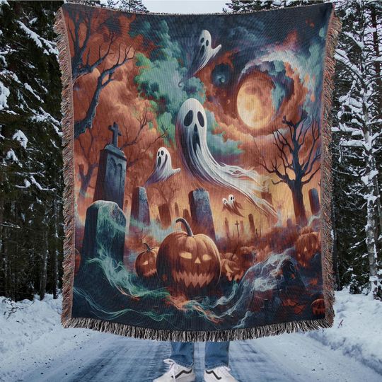 Halloween Graveyard Woven Throw Blanket: Pumpkins & Ghosts