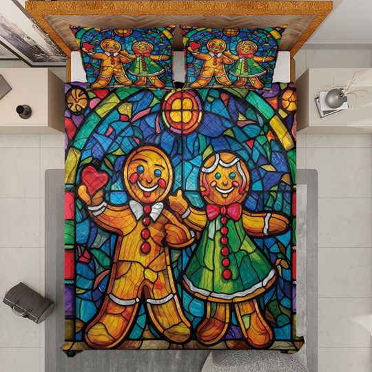 Vintage Gingerbread Couple Christmas Quilt Bedding Set
