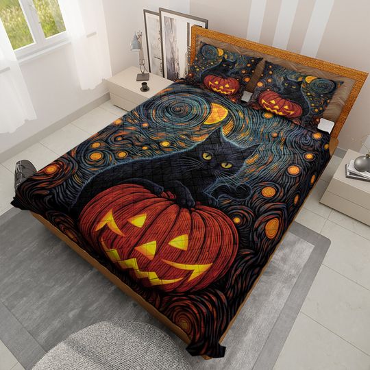 Halloween Quilt Bedding Set: Black Cat, Pumpkin, Starry Night