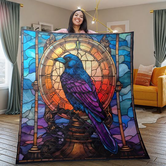 Gothic Raven Quilt Bedding Set: Bird with Clock Blanket