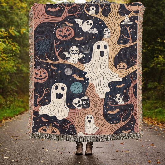 Vintage Halloween Woven Throw Blanket: Ghost, Pumpkin, Cottagecore Decor