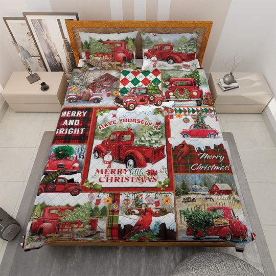 Vintage Christmas Camper Truck Quilt Bedding Set: Cardinal Bird Decor