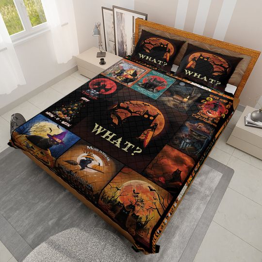 Vintage Halloween Quilt Bedding Set: Black Cat Witch Decor