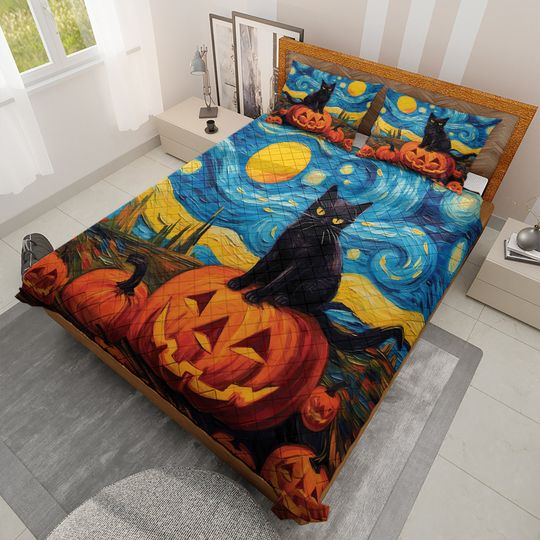 Halloween Quilt Bedding Set: Black Cat, Pumpkin, Starry Night