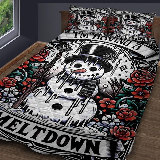 Vintage Snowman Quilt Bedding Set: Christmas Cottagecore Blanket