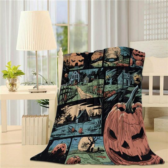 Retro Comic Jack-o'-lantern Halloween Woven Throw Blanket
