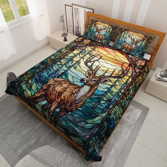 Vintage Reindeer Quilt Bedding Set: Christmas Cabin Decor