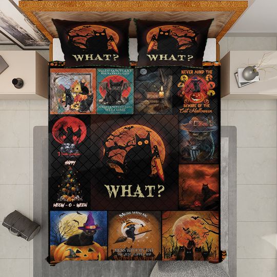 Vintage Halloween Quilt Bedding Set: Black Cat Witch Decor