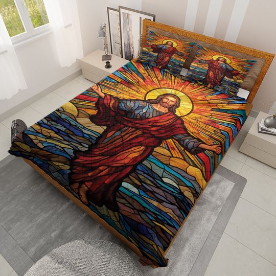 Retro Jesus Christ Quilt Bedding Set: Vintage Christian Decor