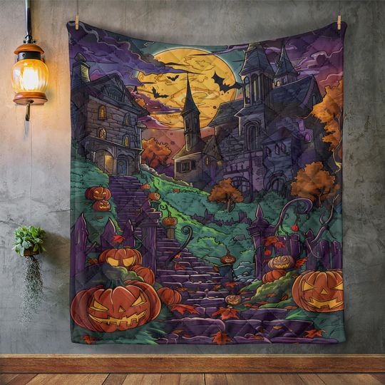 Vintage Halloween Town Quilt Bedding Set: Retro Pumpkin Blanket