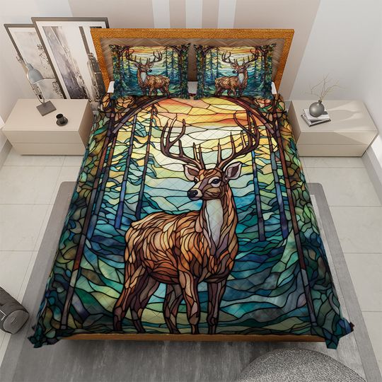 Vintage Reindeer Quilt Bedding Set: Christmas Cabin Decor