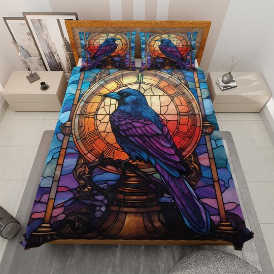 Gothic Raven Quilt Bedding Set: Bird with Clock Blanket
