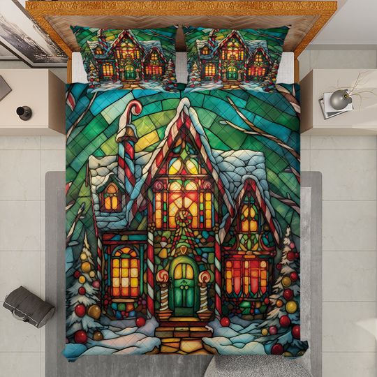 Vintage Gingerbread House Christmas Quilt Bedding Set