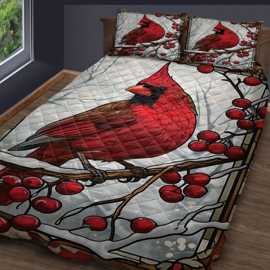 Vintage Cardinal Bird Christmas Quilt Bedding Set: Cottagecore Decoration