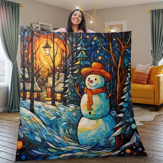 Vintage Snowman Quilt Bedding Set: Christmas Starry Night Decor