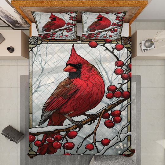 Vintage Cardinal Bird Christmas Quilt Bedding Set: Cottagecore Decoration