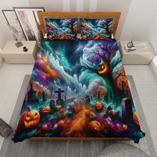 Halloween Bedding Set: Pumpkin Ghost, Starry Night Quilt, Spooky Decor