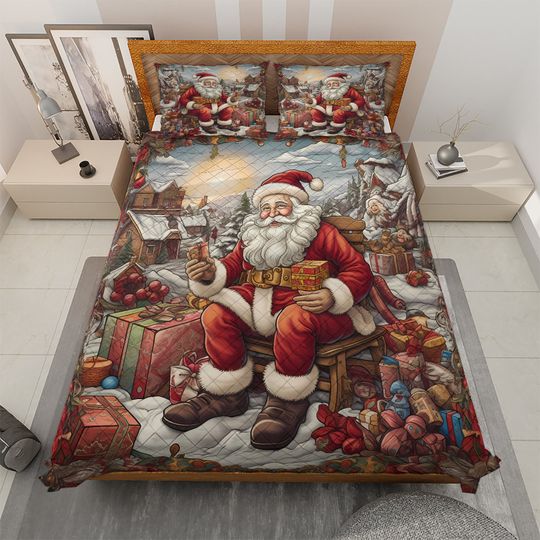 Vintage Santa Claus Christmas Quilt Bedding Set: Retro Holiday Decor