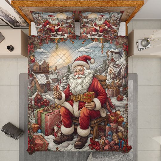 Vintage Santa Claus Christmas Quilt Bedding Set: Retro Holiday Decor