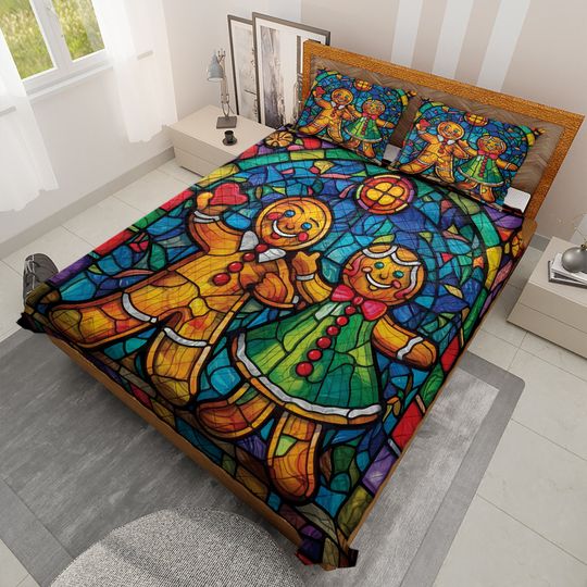 Vintage Gingerbread Couple Christmas Quilt Bedding Set