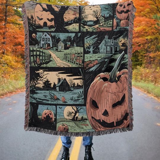Retro Comic Jack-o'-lantern Halloween Woven Throw Blanket