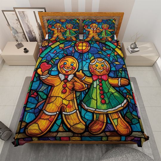 Vintage Gingerbread Couple Christmas Quilt Bedding Set